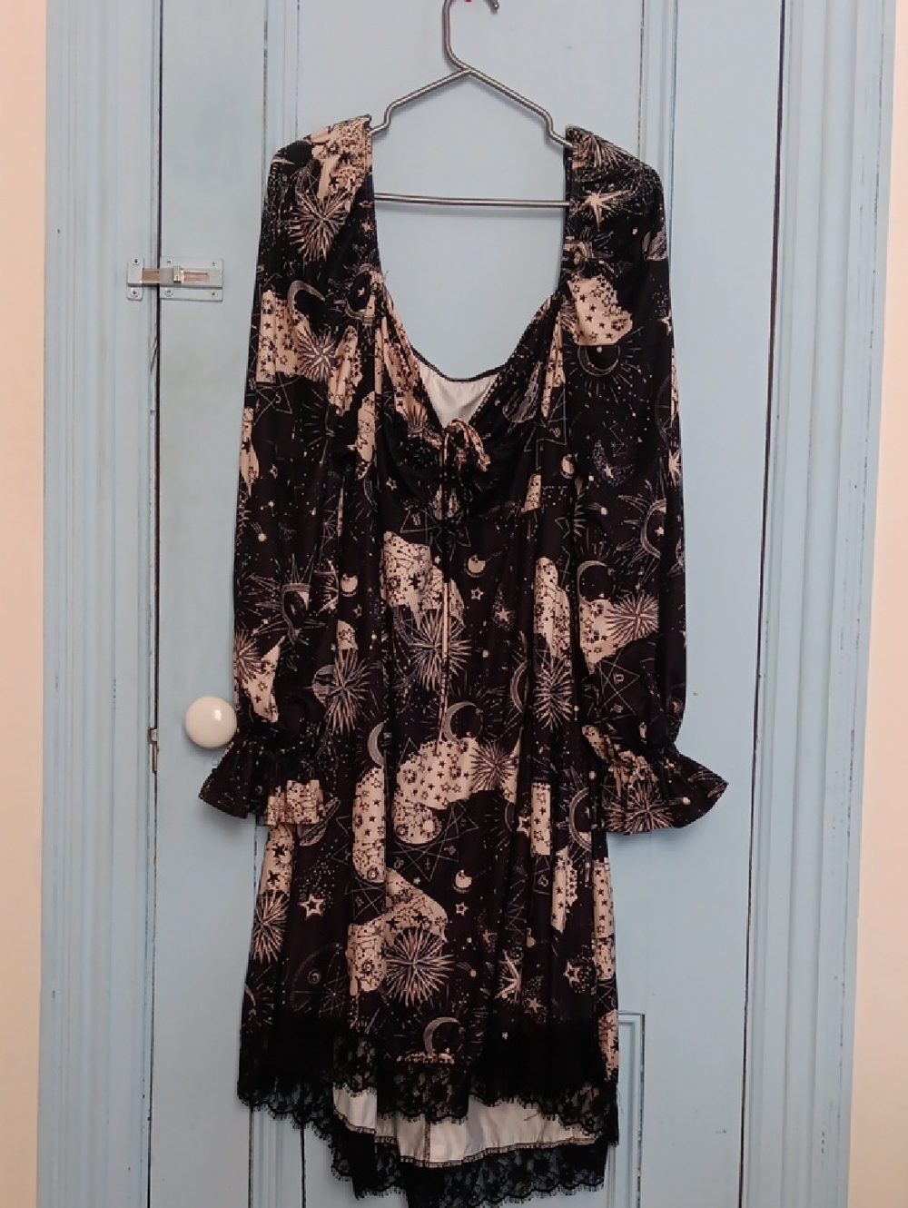 Celestial Print Black & Cream Long Bell Sleeve  Dress
